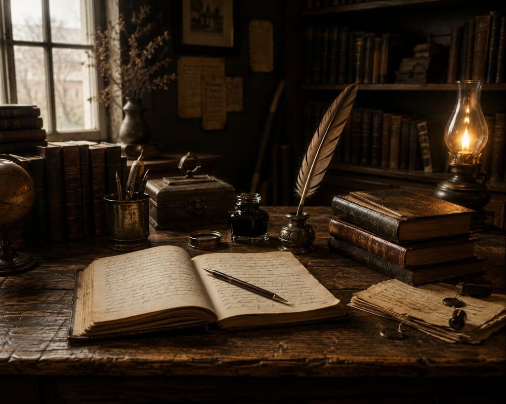 Writer's study with open journal, quill, lamp, and books